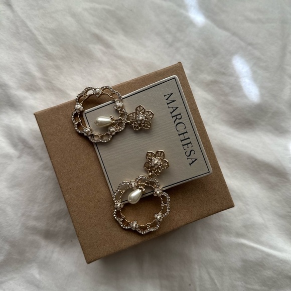 GoldTone Mother of Pearl, Imitation Pearl & Crystal Flower Orbital Drop Earrings - Picture 2 of 6